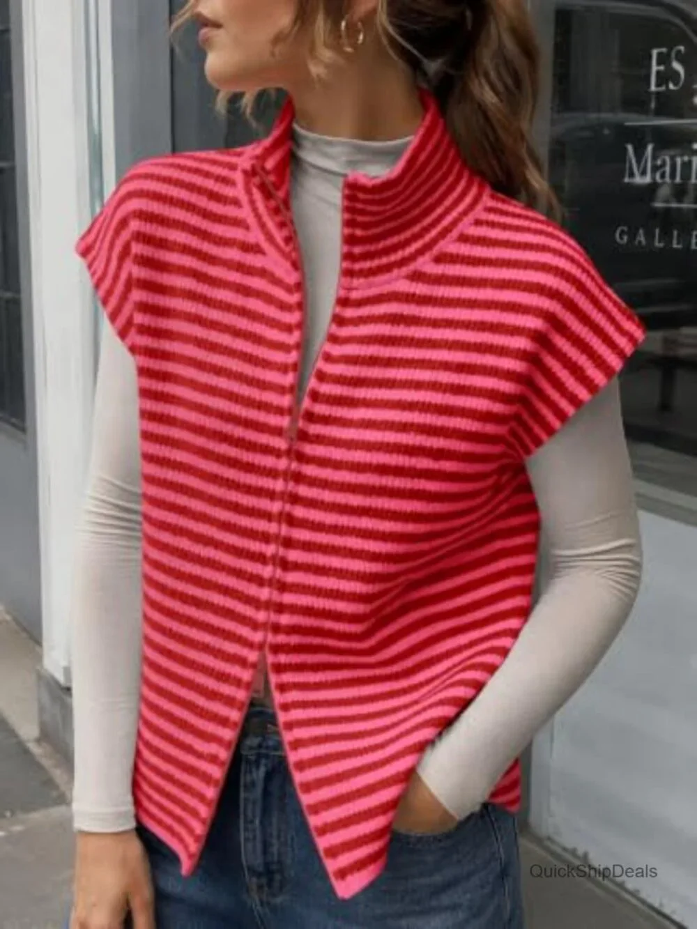Women's Striped Zip-Up Sweater Vest Sleeveless Knit Cardigan